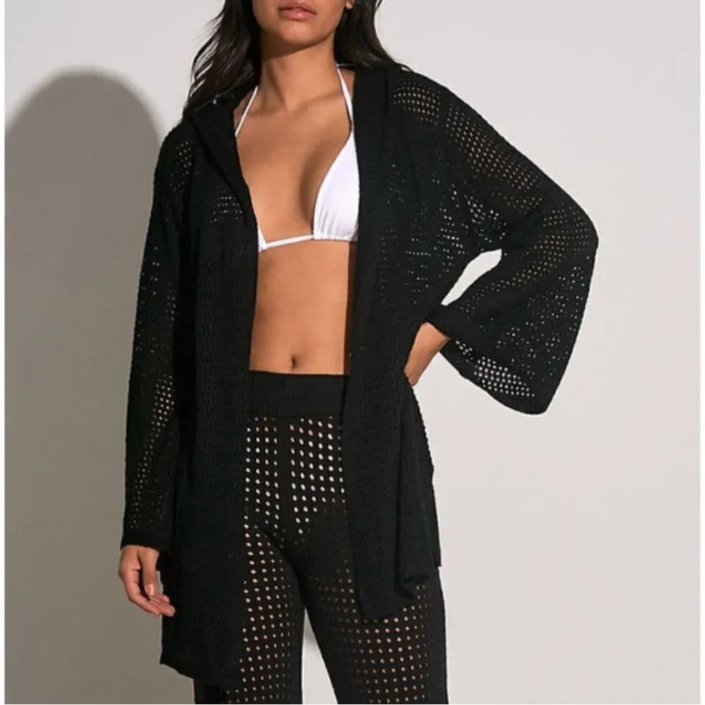 Elan Black Crotchet Hoodie Open Front Cardigan(Size Large)